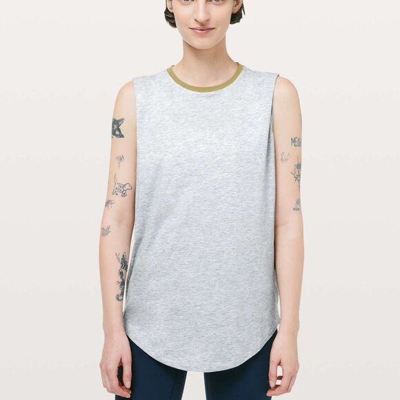 Lululemon Brunswick Muscle Tank Heathered Light Grey Golden Lime Size 12 Cotton - Picture 1 of 3